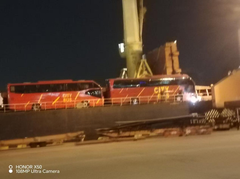 Custom-made bus transported to the port