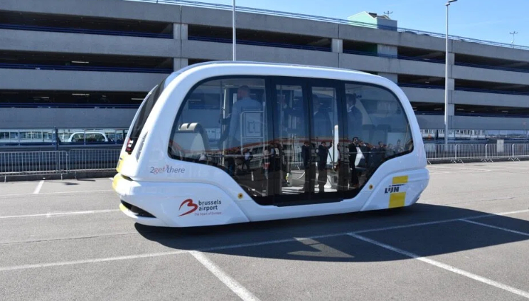 A self-driving shuttle bus is on the move at Brussels Airport