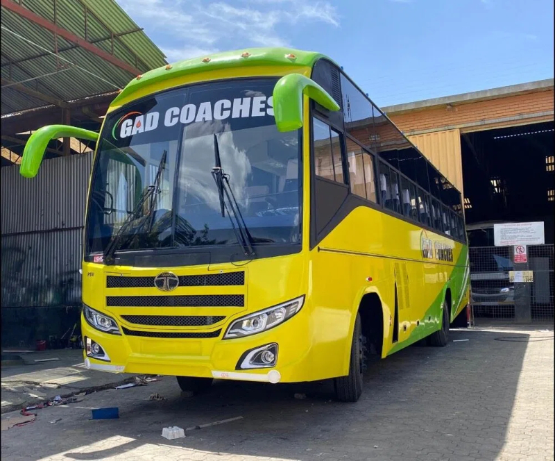 GAD Coaches bus for DRC Congo, body built on Tata LPO 1316 chassis. The bus is a 64 seater with 3X2 seat configuration.