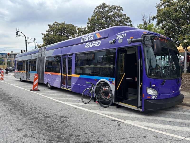 Sneak peek of the new articulated bus for MARTA (Metropolitan Atlanta Rapid Transit Authority) future BRT line. USB and USB-C outlets and nice branding. But instead of being located in front of